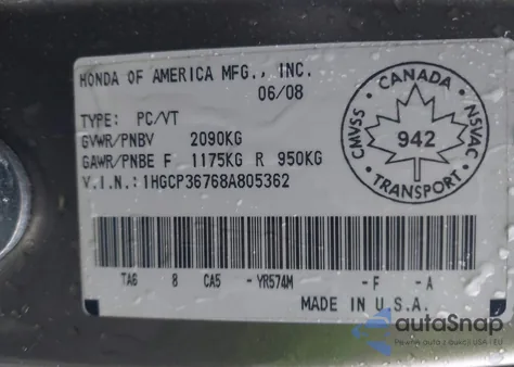 2008 Honda Accord 3.5 Ex z USA, uszkodzony, nr VIN 1HGCP36768A805362